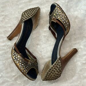 Giuseppe Zanotti Rhinestone Studded Bronze And Brown w Denim Insole Sandals 6.5